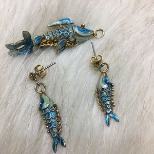 Vintage Koi Fish Earrings and Pendant Cloisonné Jewelry Blue Fish